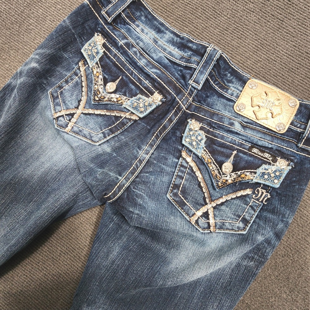 Miss Me Signature Bootcut Jeans Women 29 Blue Embellished Pocket Y2K Denim